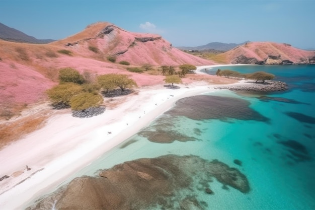 Vue aérienne de la belle plage rose du parc national de komodo indones avec sable rose et mer turquoise