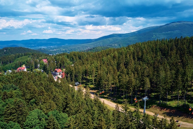 Vue aérienne de belles montagnes couvertes de forêt et de la station de karpacz de la route du téléphérique à pol