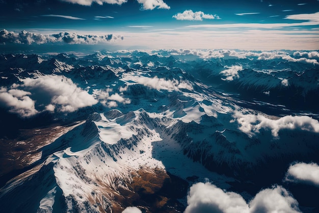 Vue aérienne de belles montagnes rocheuses couvertes de neige