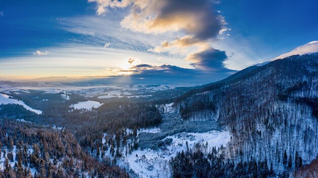 Vue aérienne de belles pentes de montagne d'hiver couvertes de forêt de neige et de sapins par une journée ensoleillée sans nuages. Concept de beauté de station de ski européenne