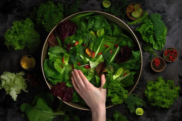 Vue aérienne d'un bol de salade avec des mains jetant des légumes verts