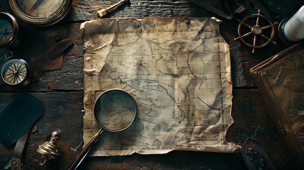Une vue aérienne d'un bureau rustique avec une ancienne carte maritime une boussole étincelante et une loupe bien usée