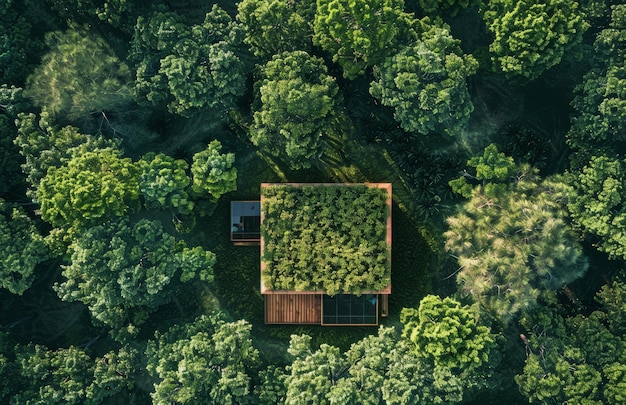 Vue aérienne d'une cabane en bois dans la forêt