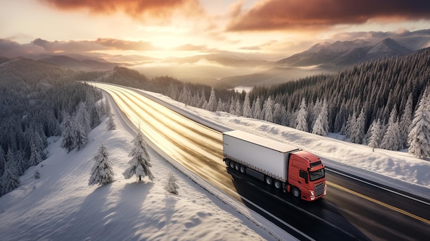 Vue aérienne d'un camion roulant sur une route de montagne enneigée au lever du soleil en hiver