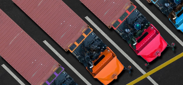 Vue aérienne de camions dans le parking