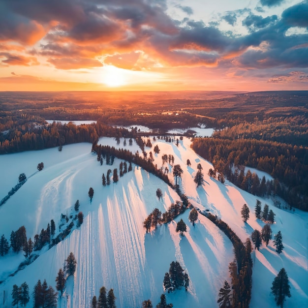 Vue aérienne de la campagne enneigée d'hiver au coucher du soleil Panorama horizontal