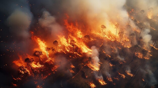 Une vue aérienne captivante d'un incendie de forêt