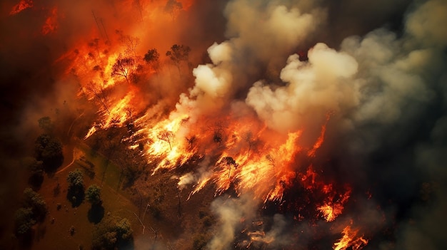 Une vue aérienne captivante d'un incendie de forêt