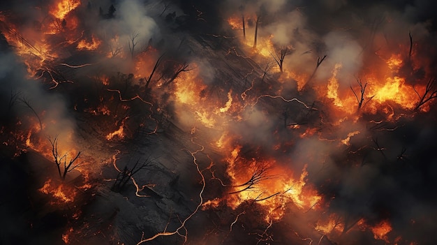 Une vue aérienne captivante d'un incendie de forêt