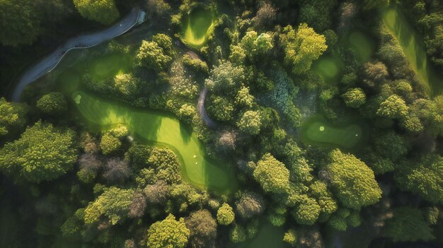 Une vue aérienne captivante d'un parcours de golf luxuriant capturant l'essence du sport et son cadre naturel