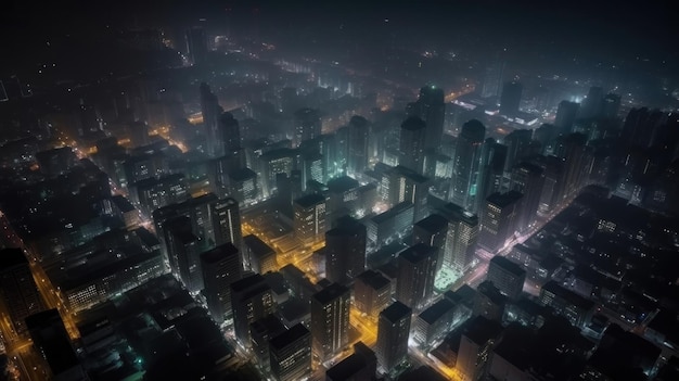 Vue aérienne captivante d'un paysage urbain animé la nuit avec un effet de flou de mouvement fascinant Des lumières scintillantes des rues animées et une atmosphère de vie nocturne électrisante générée par Ai