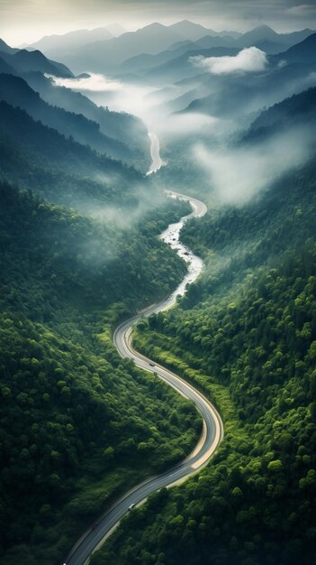 Une vue aérienne captivante d'une route sinueuse à travers une forêt tropicale luxuriante