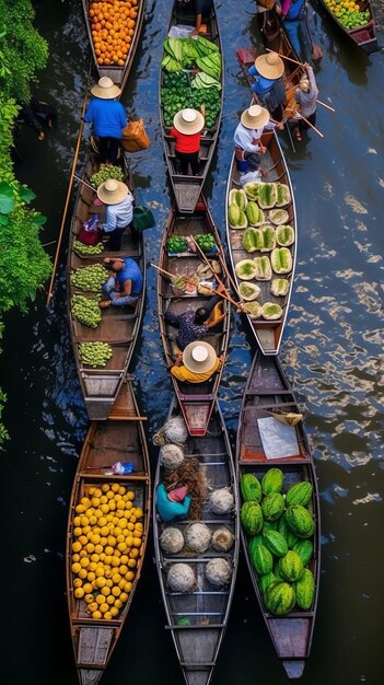 Vue aérienne célèbre marché flottant en Thaïlande Marché flottant de Damnoen Saduak