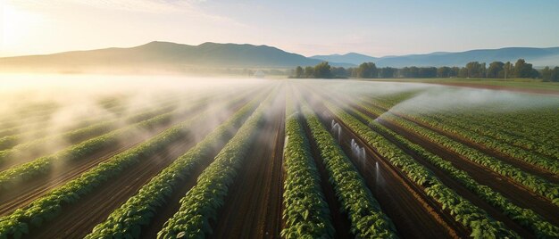 vue aérienne d'un champ de pommes de terre irrigué par un puissant système d'irrigation