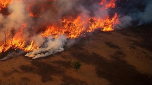 vue aérienne d'un champ de prairies en feu rouge pendant la saison sèche