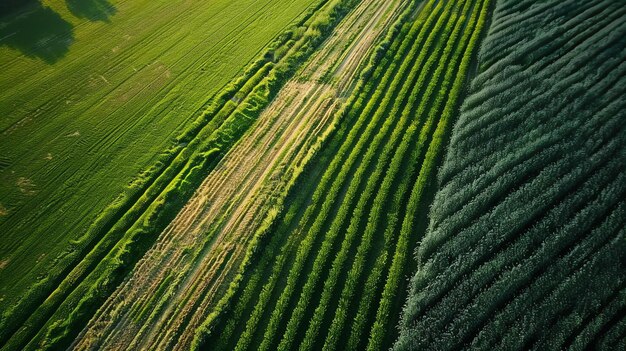 Une vue aérienne d'un champ vert luxuriant avec une petite route et un petit morceau d'arbres au loin