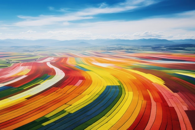 Vue aérienne des champs de tulipes colorés dans l'IA générative de printemps