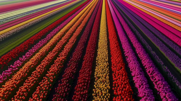 Vue aérienne de champs de tulipes en fleurs présentant un spectre de couleurs parfaites pour le printemps et