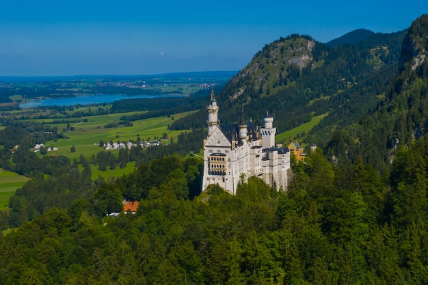 Vue aérienne sur le château de Neuschwanstein Schwangau, Bavière, Allemagne. Image de drone du paysage des Alpes avec des arbres et des montagnes.