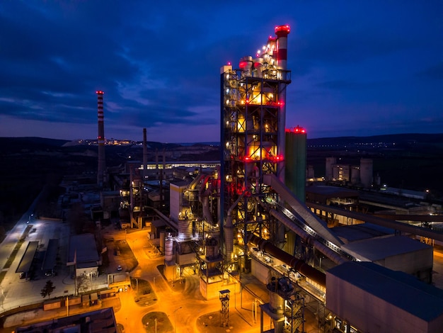 Vue aérienne d'une cimenterie dans la zone industrielle de nuit