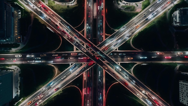 Vue aérienne de la circulation sur une énorme intersection routière la nuit