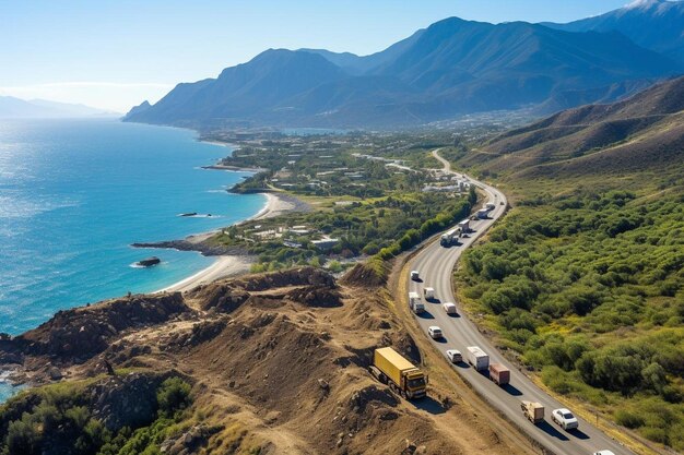 Vue aérienne d'un convoi de camions de décharge sur une autoroute côtière