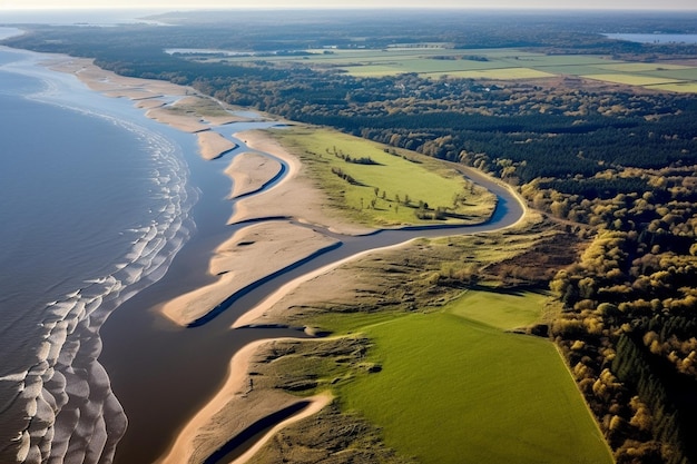 Vue aérienne de la côte de la mer Baltique avec des dunes de sable et des plages de sable
