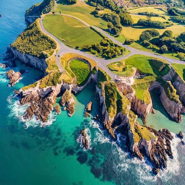 Vue aérienne de la côte rocheuse de la mer La côte près de la ville de Buelna Asturias Espagne