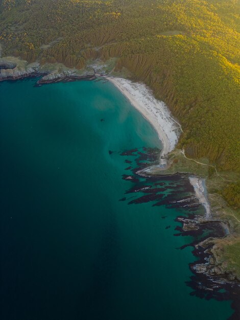 Vue aérienne de la côte sauvage rocheuse de la mer Noire en Bulgarie avec des falaises, des plages et du vert