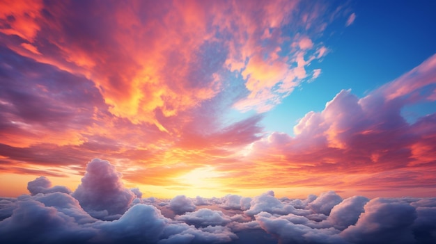 Vue aérienne d'un coucher de soleil avec des nuages et un avion volant dans le ciel ai génératif