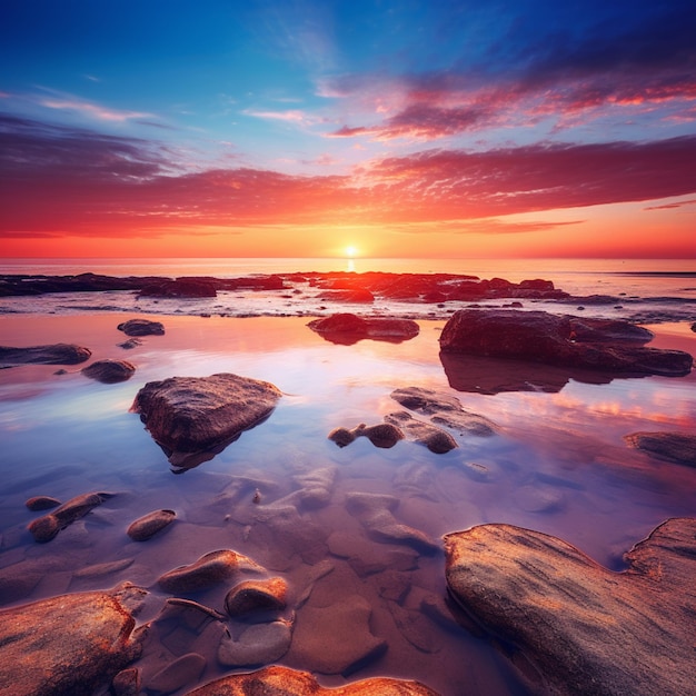 Vue aérienne d'un coucher de soleil sur une plage rocheuse avec des rochers ai génératif