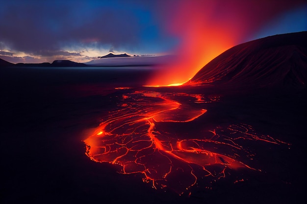 Une vue aérienne d'une coulée de lave la nuit ai générative