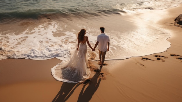 Vue aérienne à couper le souffle du couple se tenant la main sur une plage