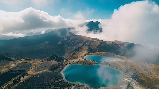 Vue aérienne à couper le souffle de lacs jumeaux nichés entre des montagnes avec des nuages jetant des ombres paysage naturel tranquille capturé par drone parfait pour les voyages et les thèmes de la nature AI