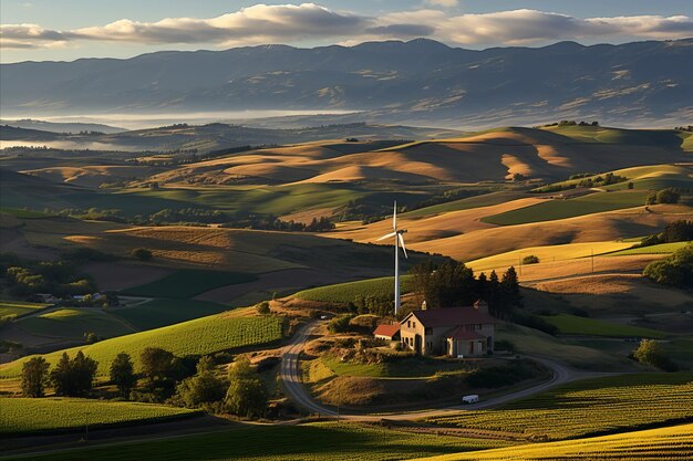 Vue aérienne à couper le souffle d'un moulin à vent serein au milieu d'un paysage montagneux majestueux