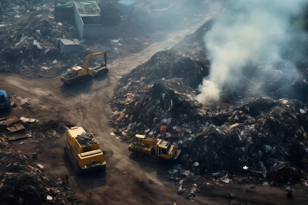 Vue aérienne de la décharge de déchets La fumée lourde de la combustion des déchets ménagers dans la ville