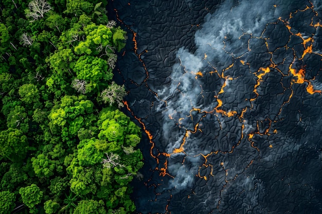Vue aérienne de la déforestation dans une forêt tropicale tropicale en raison d'incendies illégaux mettant en évidence les problèmes environnementaux Conception vue aérienne Déforestation de la forêt pluviale Incendies illicites Questions environnementales