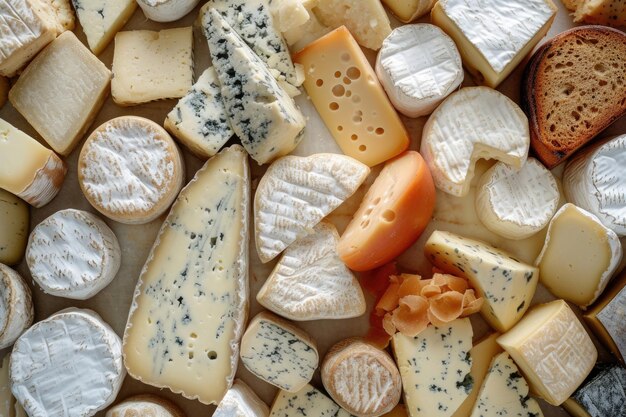 Une vue aérienne d'un délicieux assortiment de fromages créant une toile de fond appétissante