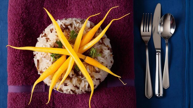 Vue aérienne d'un délicieux repas de riz avec des carottes de pisum sur une serviette violette et des couverts sur un dos bleu