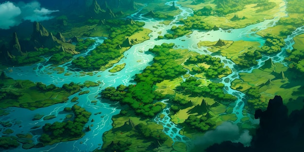 Vue aérienne d'un delta de fleuve avec une végétation verte luxuriante et des cours d'eau sinueux