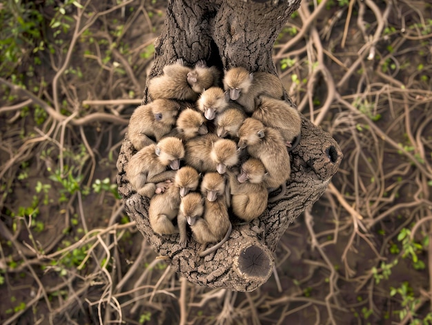 Vue aérienne d'une dense grappe de champignons poussant sur le tronc d'un arbre au milieu du feuillage de la forêt