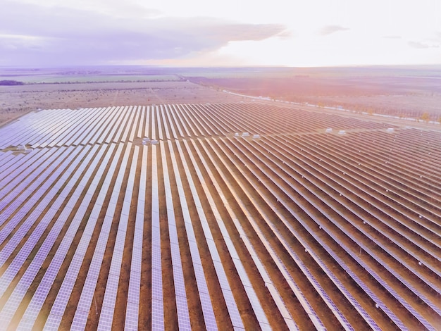 Vue aérienne de dessus d'une centrale de panneaux solaires panneaux solaires photovoltaïques au lever et au coucher du soleil à