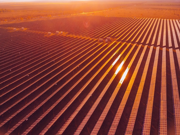 Vue aérienne de dessus d'une centrale de panneaux solaires panneaux solaires photovoltaïques au lever et au coucher du soleil à