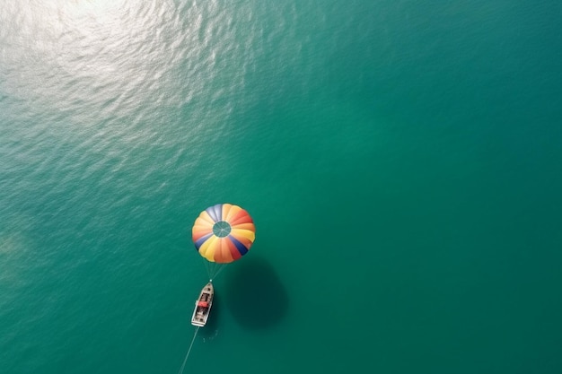 Vue aérienne de dessus du bateau et du parachute dans la station balnéaire