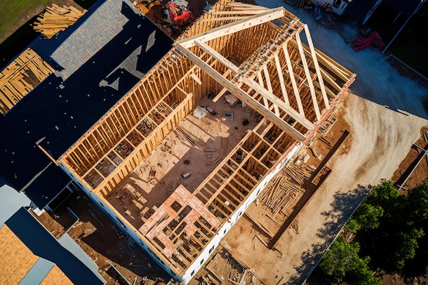 Une vue aérienne de dessus d'une maison de poutre de toit en bois en cours de construction