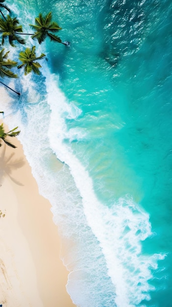 Vue aérienne de dessus sur la plage de sable de l'océan avec le concept de paradis de vacances d'été de palmiers vertical