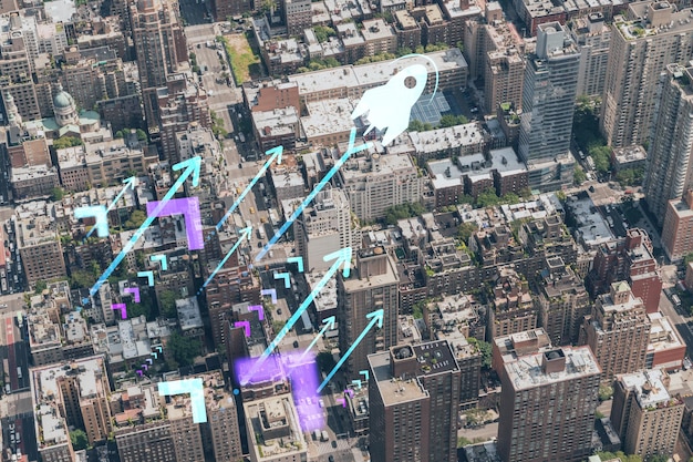 Vue aérienne de dessus des toits des bâtiments de la ville de New York Vue à vol d'oiseau depuis un hélicoptère du paysage urbain de la métropole Lancement d'une entreprise en démarrage pour rechercher et développer un hologramme de modèle d'entreprise évolutif