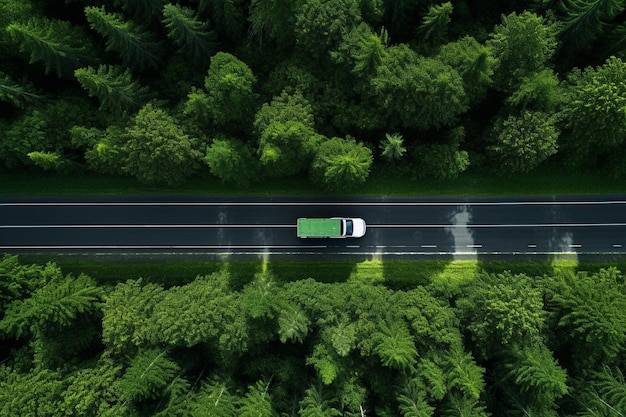 Photo vue aérienne de dessus d'une voiture et d'un camion circulant sur une autoroute