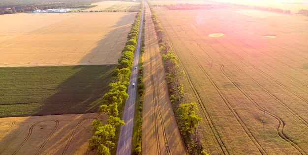 Vue aérienne de drone de la route avec des voitures entre les champs de blé