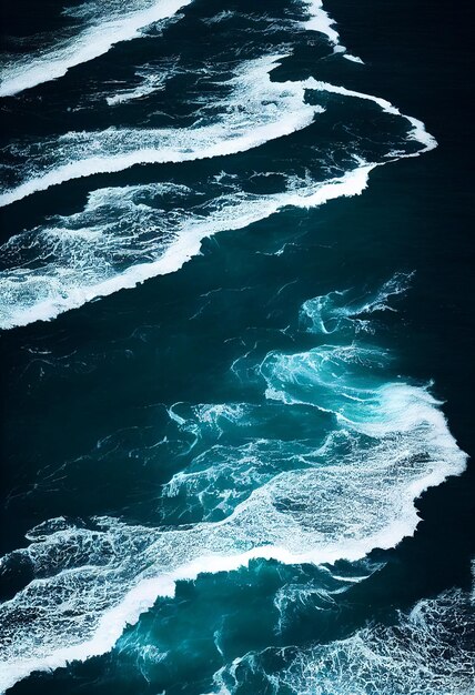 Vue aérienne de drone avec des vagues déferlantes dans l'océan de cristal Vue de dessus Eau de mer bleue propre et ondulée